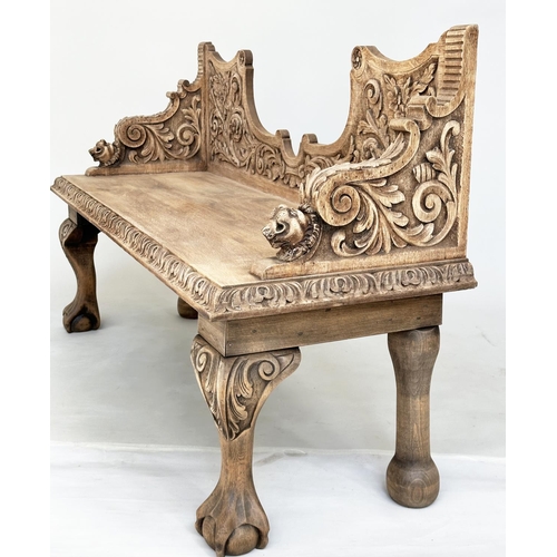 210 - HALL SEAT, 19th century oak with carved back and arms and cabriole supports, 85cm H x 143cm W x 49cm... 
