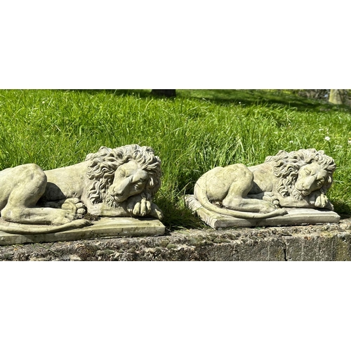 217 - GARDEN LIONS, a pair, well weathered reconstituted stone recumbent, 21cm H x 42cm W x 22cm D. (2)