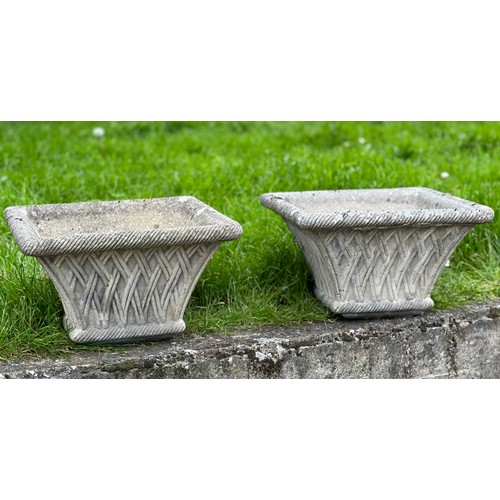 219 - GARDEN PLANTERS, a pair, well weathered reconstituted stone square tapering with basket weave sides,... 