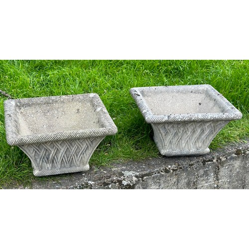 219 - GARDEN PLANTERS, a pair, well weathered reconstituted stone square tapering with basket weave sides,... 