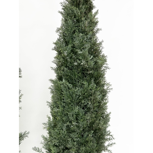 216 - ARTIFICIAL CONIFERS, a pair, in silvered metal drum planters, planters 49cm W, heights overall appro... 