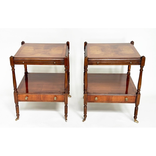 186 - LAMP TABLES, a pair, George III design yewwood each with brushing slide, drawer and two tiers, 46cm ... 
