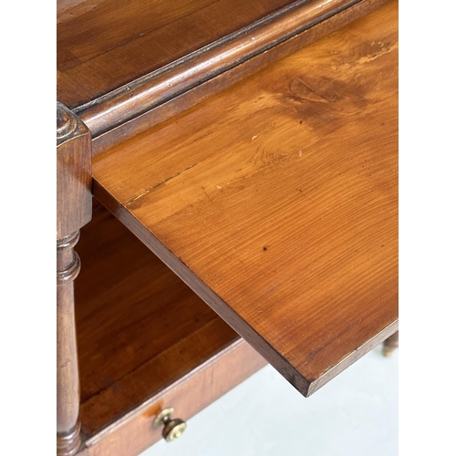 186 - LAMP TABLES, a pair, George III design yewwood each with brushing slide, drawer and two tiers, 46cm ... 