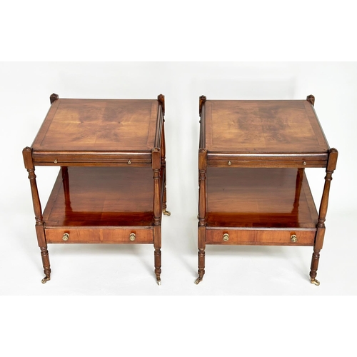 186 - LAMP TABLES, a pair, George III design yewwood each with brushing slide, drawer and two tiers, 46cm ... 