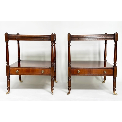 186 - LAMP TABLES, a pair, George III design yewwood each with brushing slide, drawer and two tiers, 46cm ... 