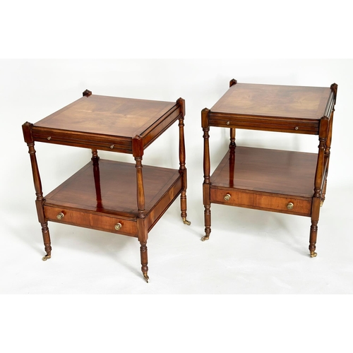 186 - LAMP TABLES, a pair, George III design yewwood each with brushing slide, drawer and two tiers, 46cm ... 
