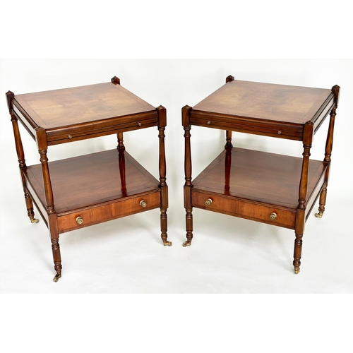186 - LAMP TABLES, a pair, George III design yewwood each with brushing slide, drawer and two tiers, 46cm ... 
