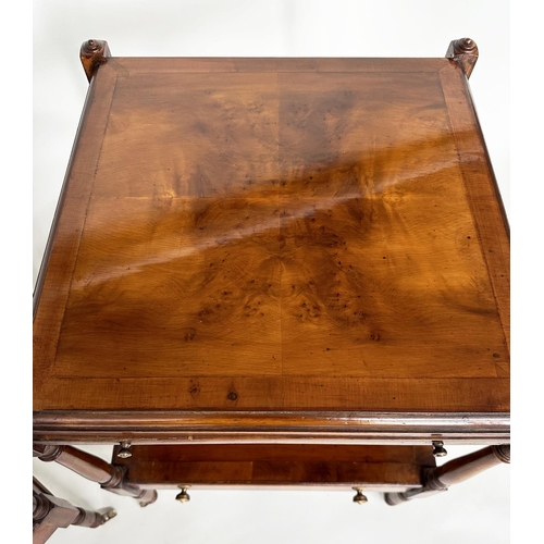 186 - LAMP TABLES, a pair, George III design yewwood each with brushing slide, drawer and two tiers, 46cm ... 