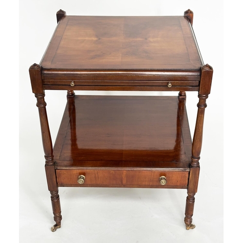 186 - LAMP TABLES, a pair, George III design yewwood each with brushing slide, drawer and two tiers, 46cm ... 