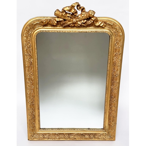 189 - WALL MIRROR, 19th century French giltwood and gesso mounted arched with flambeau and quiver crest, 7... 