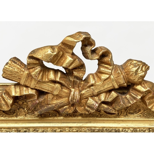 189 - WALL MIRROR, 19th century French giltwood and gesso mounted arched with flambeau and quiver crest, 7... 