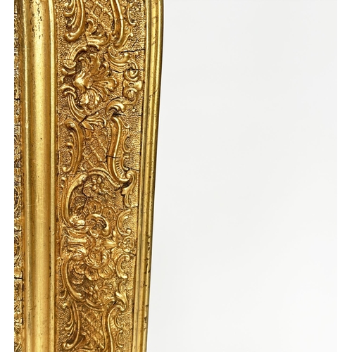 189 - WALL MIRROR, 19th century French giltwood and gesso mounted arched with flambeau and quiver crest, 7... 