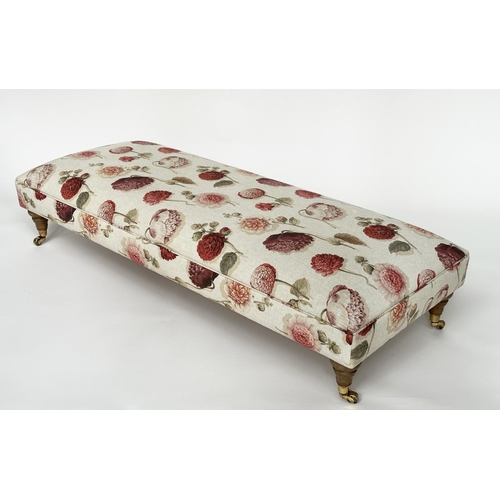 209 - HEARTHSTOOL, rectangular printed linen upholstered with turned supports, 154cm x 70cm x 42cm H.
