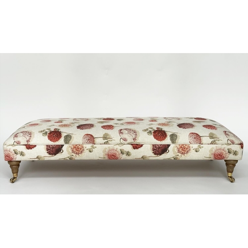 209 - HEARTHSTOOL, rectangular printed linen upholstered with turned supports, 154cm x 70cm x 42cm H.