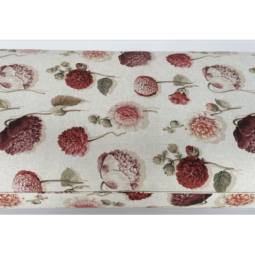 209 - HEARTHSTOOL, rectangular printed linen upholstered with turned supports, 154cm x 70cm x 42cm H.