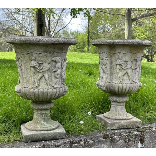 215 - GARDEN URNS, a pair, well weathered reconstituted stone Neo Classical style urns, 36cm x 52cm H. (2)