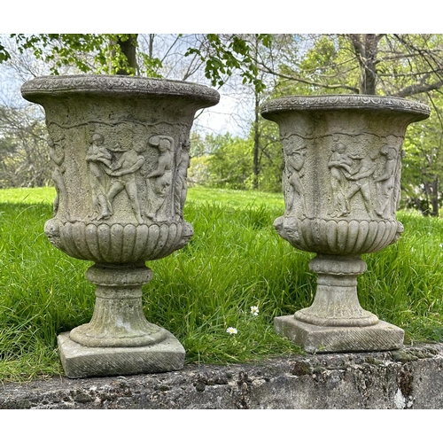 215 - GARDEN URNS, a pair, well weathered reconstituted stone Neo Classical style urns, 36cm x 52cm H. (2)