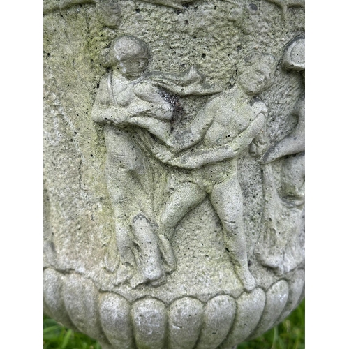 215 - GARDEN URNS, a pair, well weathered reconstituted stone Neo Classical style urns, 36cm x 52cm H. (2)