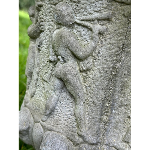 215 - GARDEN URNS, a pair, well weathered reconstituted stone Neo Classical style urns, 36cm x 52cm H. (2)