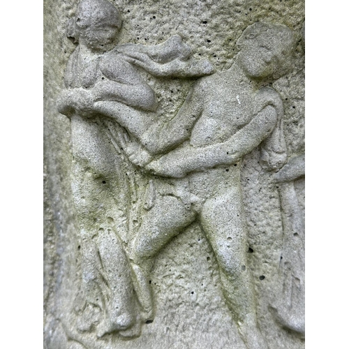 215 - GARDEN URNS, a pair, well weathered reconstituted stone Neo Classical style urns, 36cm x 52cm H. (2)
