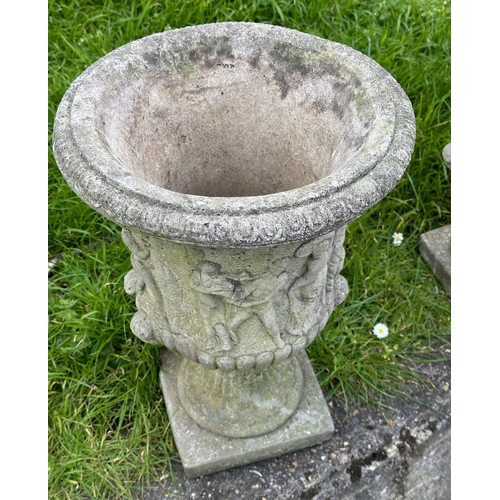 215 - GARDEN URNS, a pair, well weathered reconstituted stone Neo Classical style urns, 36cm x 52cm H. (2)