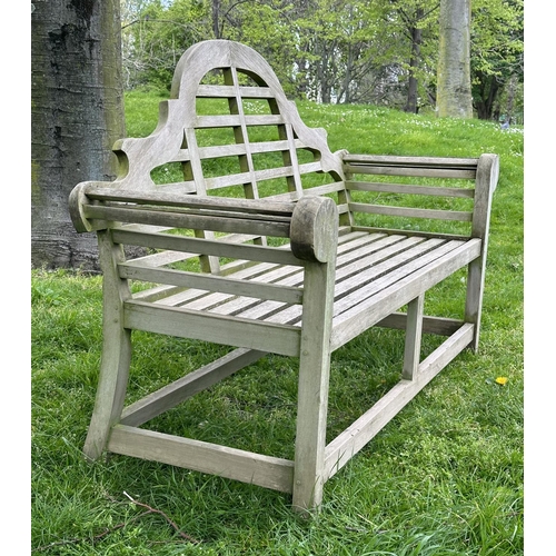 218 - LUTYENS STYLE GARDEN BENCH, weathered teak slatted after a design by Sir Edwin Lutyens, 160cm W.