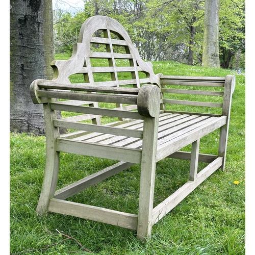 218 - LUTYENS STYLE GARDEN BENCH, weathered teak slatted after a design by Sir Edwin Lutyens, 160cm W.