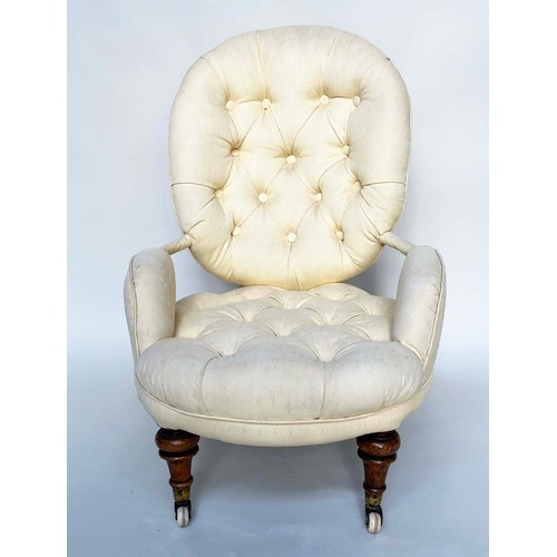 191 - SLIPPER ARMCHAIR, 19th century button upholstered, yellow fabric with turned front supports, 46cm W.