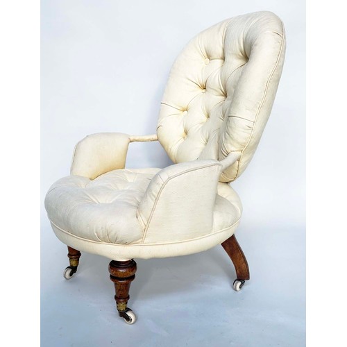 191 - SLIPPER ARMCHAIR, 19th century button upholstered, yellow fabric with turned front supports, 46cm W.