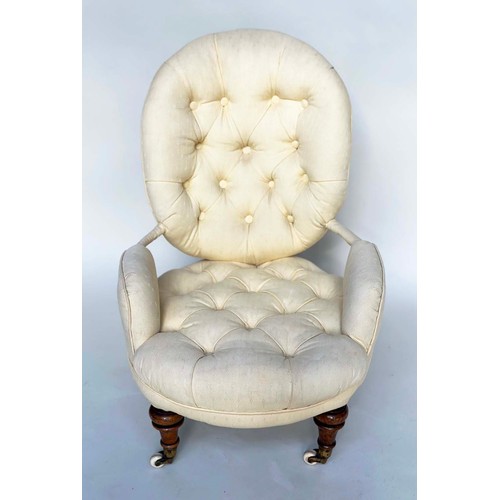191 - SLIPPER ARMCHAIR, 19th century button upholstered, yellow fabric with turned front supports, 46cm W.