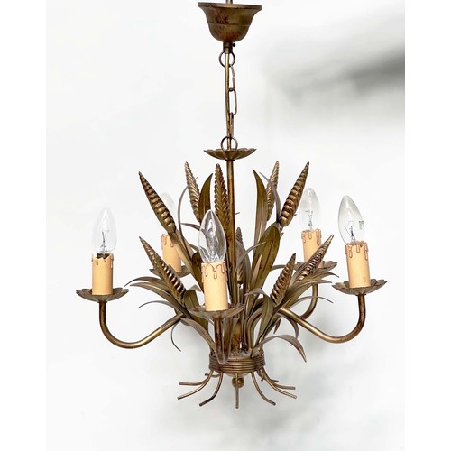 220 - CHANDELIER, mid 20th century five branch gilt metal toleware leaf form with corn ears, 61cm H includ... 