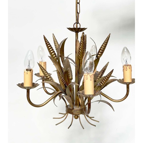220 - CHANDELIER, mid 20th century five branch gilt metal toleware leaf form with corn ears, 61cm H includ... 