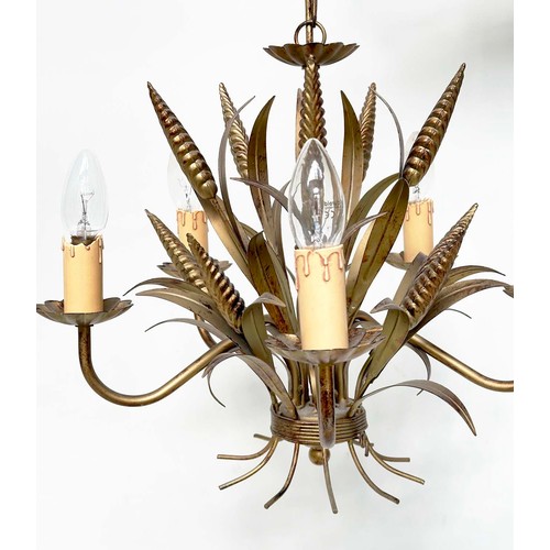 220 - CHANDELIER, mid 20th century five branch gilt metal toleware leaf form with corn ears, 61cm H includ... 