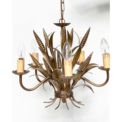 220 - CHANDELIER, mid 20th century five branch gilt metal toleware leaf form with corn ears, 61cm H includ... 