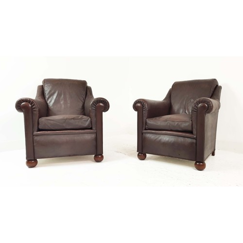 175 - CLUB ARMCHAIRS, a pair, early 20th century French, stitched tan leather, 74cm H x 80cm W. (2)