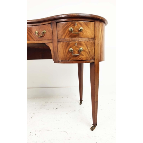 165 - KIDNEY SHAPED DESK, Edwardian mahogany, with inlaid tooled brown leather top over five drawers, 121c... 