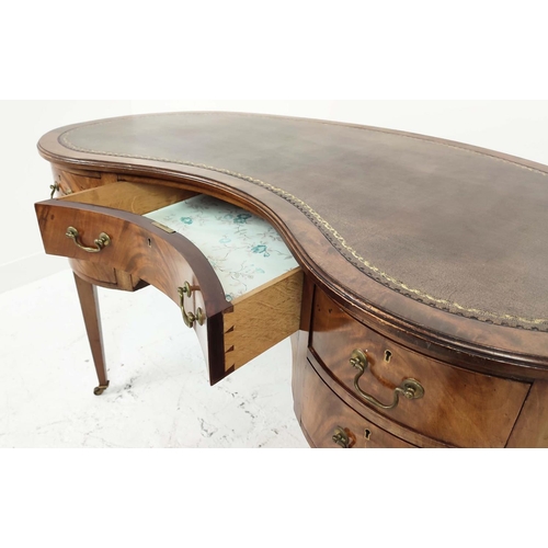 165 - KIDNEY SHAPED DESK, Edwardian mahogany, with inlaid tooled brown leather top over five drawers, 121c... 