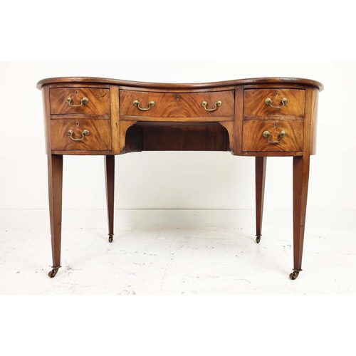 165 - KIDNEY SHAPED DESK, Edwardian mahogany, with inlaid tooled brown leather top over five drawers, 121c... 