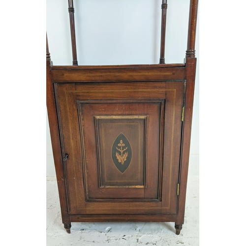 167 - WHATNOT, Late Victorian mahogany with inlaid detail and single door, 156cm H x 40cm D x 40cm W.