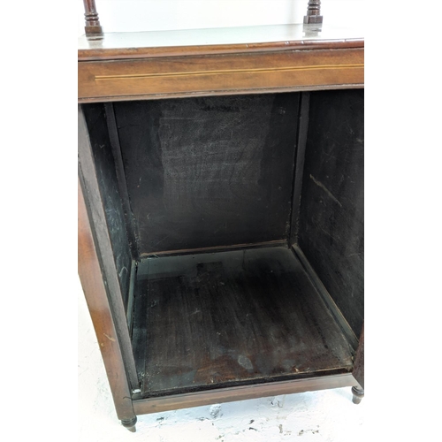 167 - WHATNOT, Late Victorian mahogany with inlaid detail and single door, 156cm H x 40cm D x 40cm W.