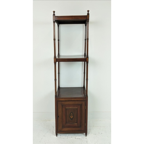 167 - WHATNOT, Late Victorian mahogany with inlaid detail and single door, 156cm H x 40cm D x 40cm W.