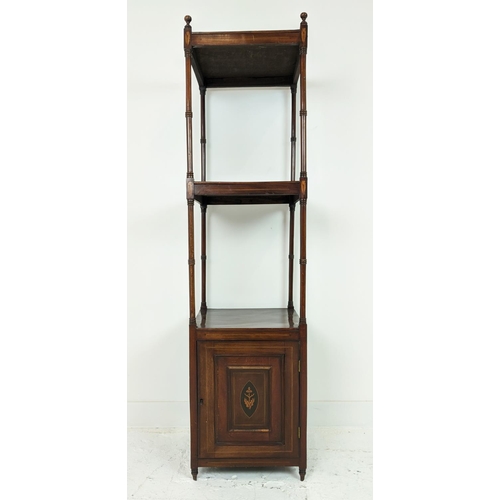 167 - WHATNOT, Late Victorian mahogany with inlaid detail and single door, 156cm H x 40cm D x 40cm W.