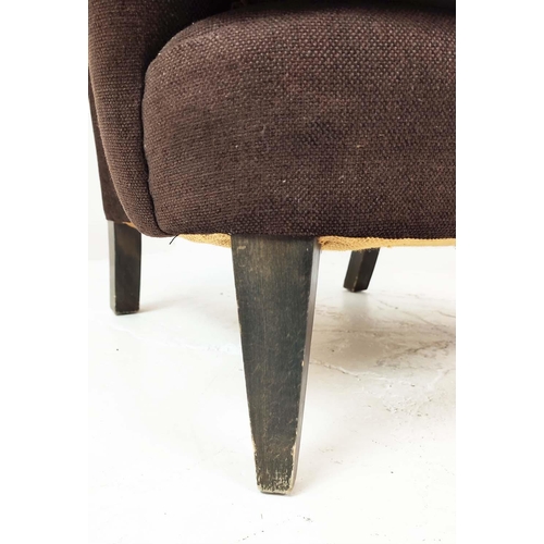 362 - WILLIAM YEOWARD ARMCHAIR, with outswept arms and contrasting brown and russet upholstery, 87cm x 91c... 