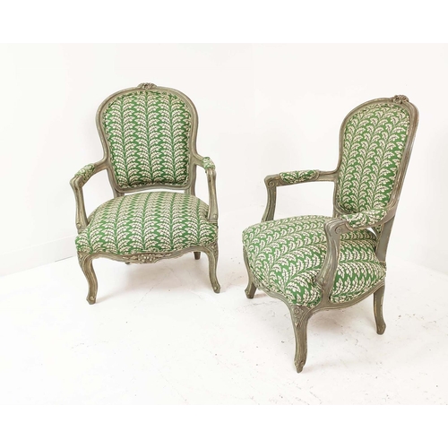 155 - FAUTEUILS, a pair, Louis XV style, grey painted with green leaf patterned upholstery, 92cm H x 54cm ... 