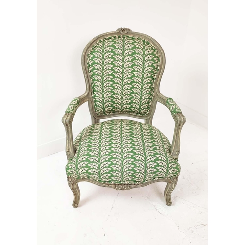 155 - FAUTEUILS, a pair, Louis XV style, grey painted with green leaf patterned upholstery, 92cm H x 54cm ... 