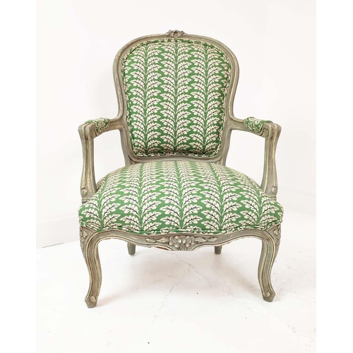 155 - FAUTEUILS, a pair, Louis XV style, grey painted with green leaf patterned upholstery, 92cm H x 54cm ... 