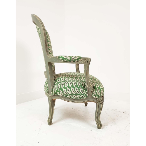 155 - FAUTEUILS, a pair, Louis XV style, grey painted with green leaf patterned upholstery, 92cm H x 54cm ... 