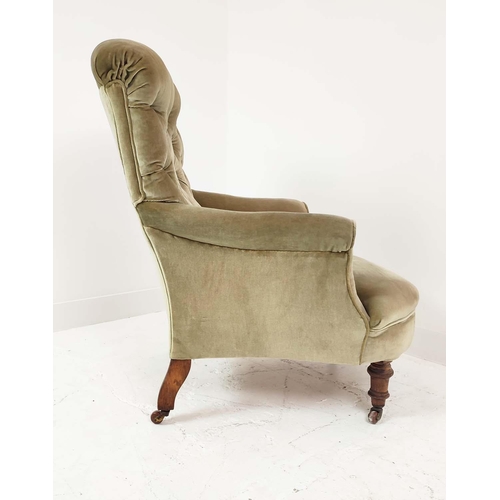 156 - ARMCHAIR, by Cornelius V Smith, late Victorian walnut and beechwood in green velvet, back leg stampe... 