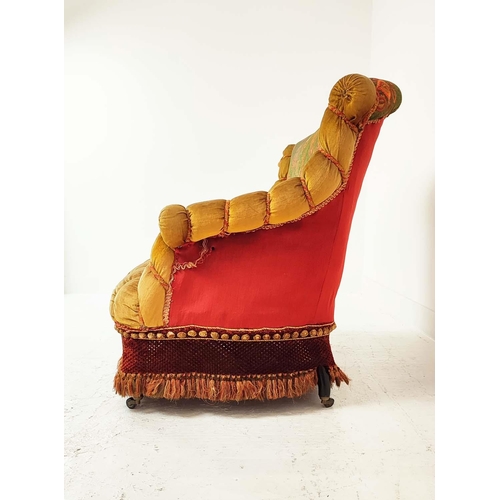 157 - CANAPE, Napoleon III ebonised in old velvet and plush tasselled upholstery and also later fabric, 91... 