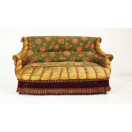 157 - CANAPE, Napoleon III ebonised in old velvet and plush tasselled upholstery and also later fabric, 91... 